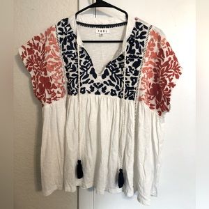 THML Womens White Multi Colored Floral Shirt Top with Tassels - Size M
